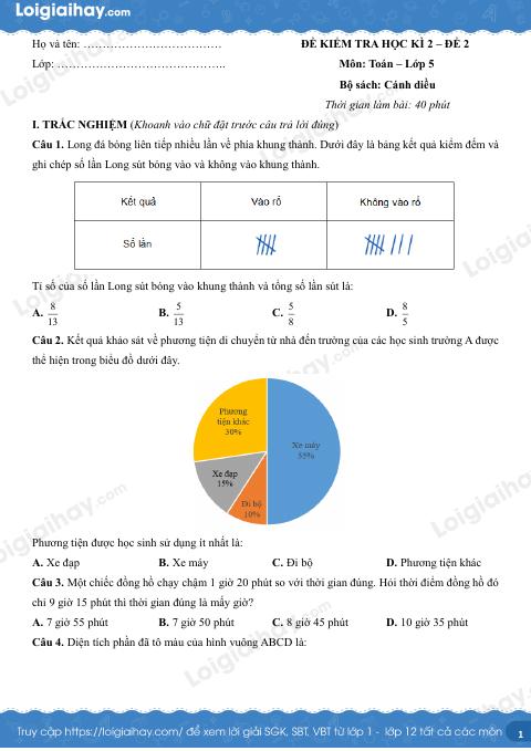 Đề kiểm tra học kì 2 Toán 5 Cánh diều - Đề số 2